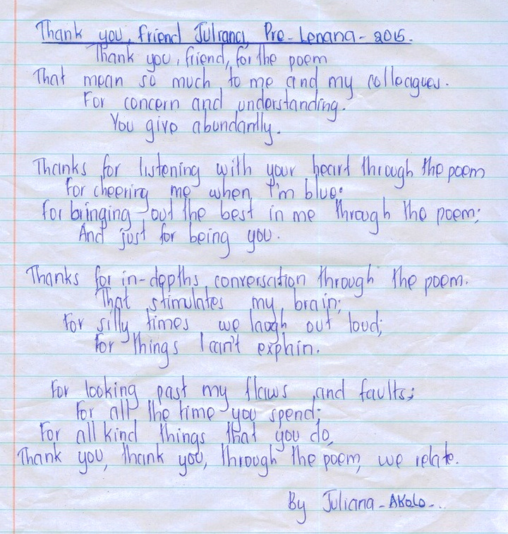 Juliana Akolo poem to Lilly Lenana Nov 2015